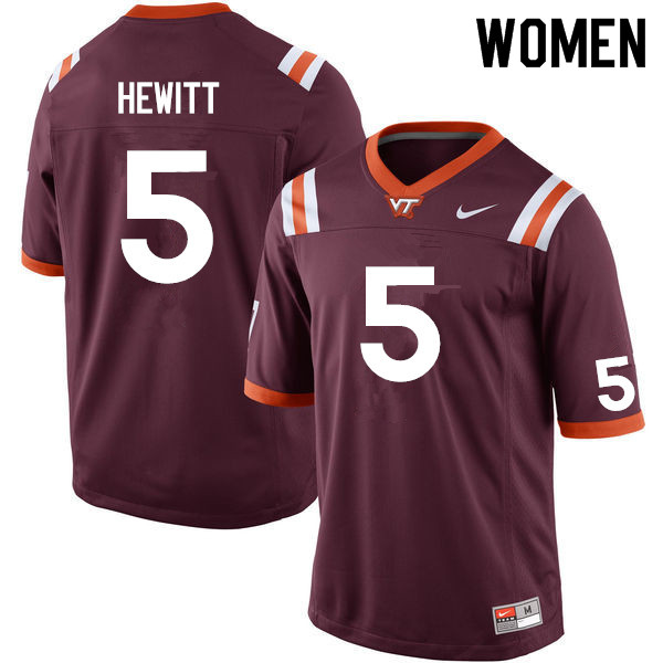 Women #5 Jarrod Hewitt Virginia Tech Hokies College Football Jerseys Sale-Maroon